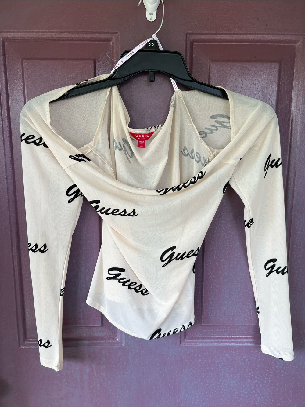 Guess Off-the-Shoulder Logo Mesh Top, Size XL
